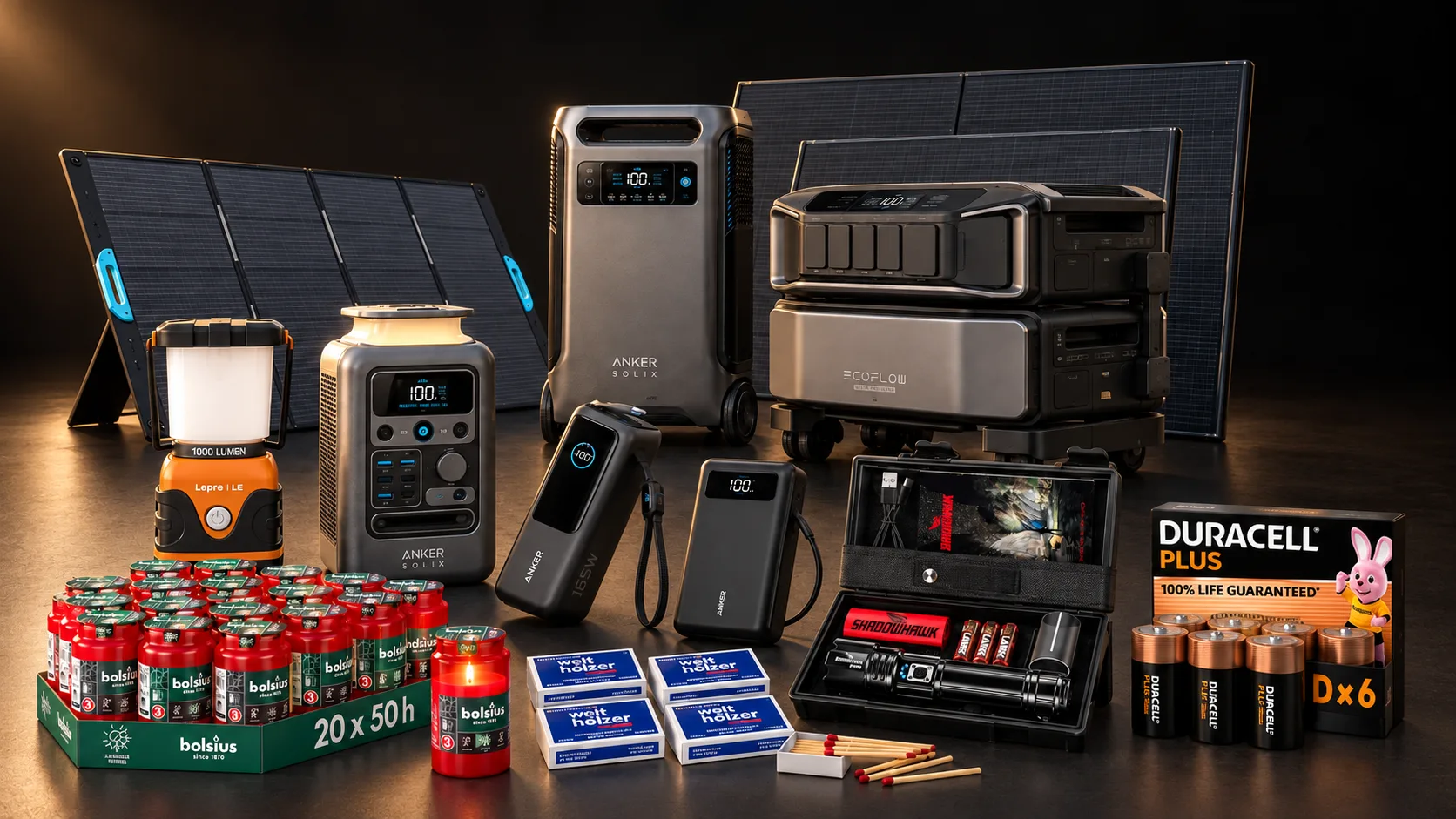 Powerstation, Solarpanel, Powerbanks, Taschenlampe und Batterien