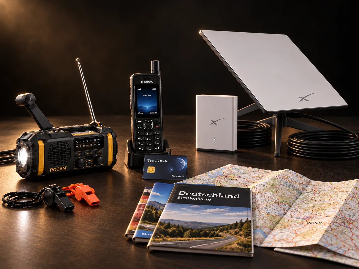 Kurbelradio, Satellitentelefon, Starlink-Kit und Straßenkarten